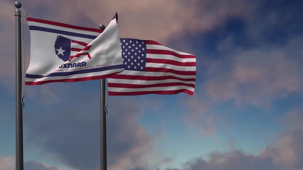 Oxnard City Flag Waving Along With The National Flag Of The USA - 4K alt