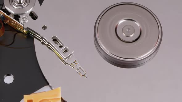 Hard Disk Drive Inside. Structure of HDD, Spinning Platter. Move Magnetic Head alt