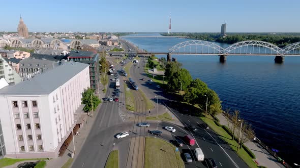 Establishing Aerial Bird Eye View Shot of Riga Riga Skyline Latvia alt
