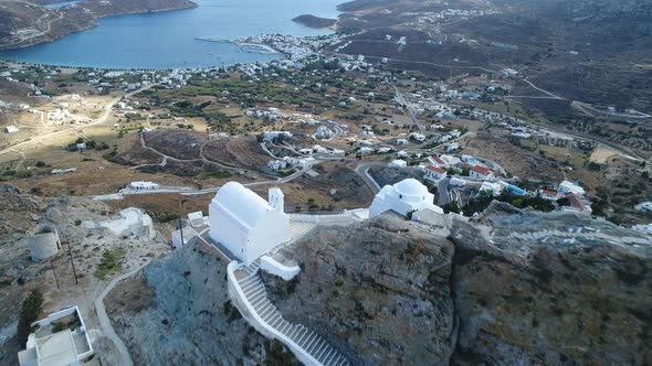 Village of Chora on the island of Serifos in the Cyclades in Greece from the sky alt