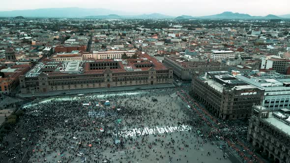 Orbital view of Womans march 8m international day in Mexico city Main plaza Zocalo alt