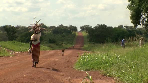 Woman walking down a dirt road in Africa carrying wood