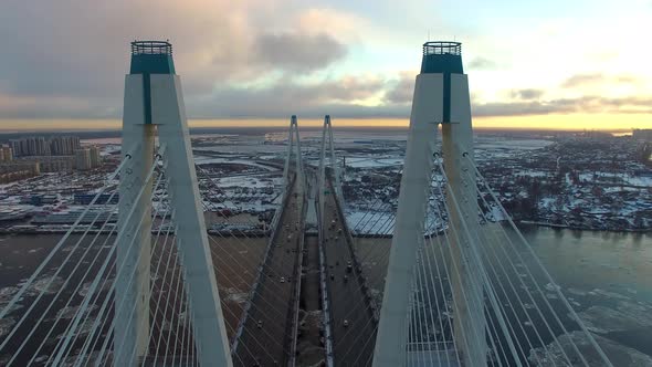 Span Between the Pylons of the Cablestayed Bridge Aerial Shot alt