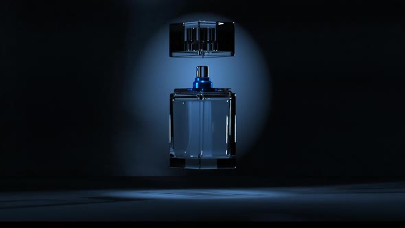 A bottle of perfume on a black background rotates and caustic glitters.
