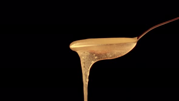 Honey Dripping Pouring From Spoon on a Black Isolated Background alt