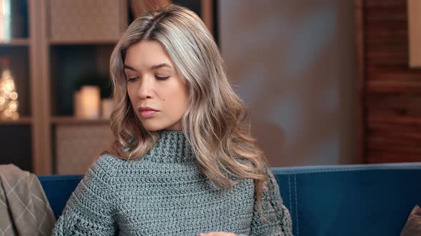 Tired Woman Feeling Head Pain Tension After Reading Book at Evening Home Winter Weekend alt