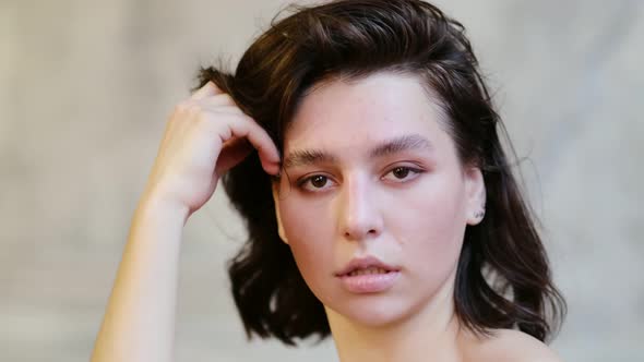 Close Up Young Woman Smiling Girl Looking at Camera in Studio alt