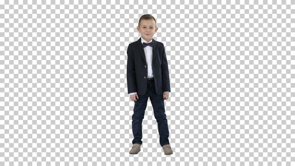Smiling little boy in formal clothes standing, Alpha Channel alt