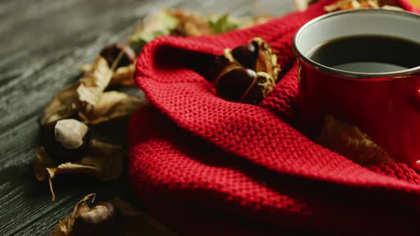 Leaves and Nuts Near Scarf and Hot Beverage alt