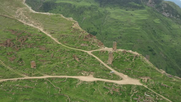 Aerial View of Abandoned Ruined Village in Dagestan Mountains