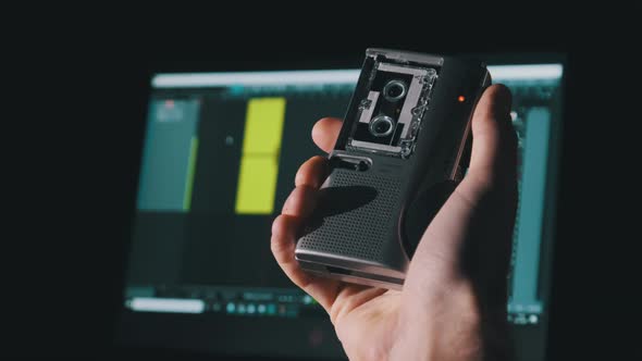 Portable Tape Recorder in Hand Records Sound or Interviews on a Mini Cassette alt