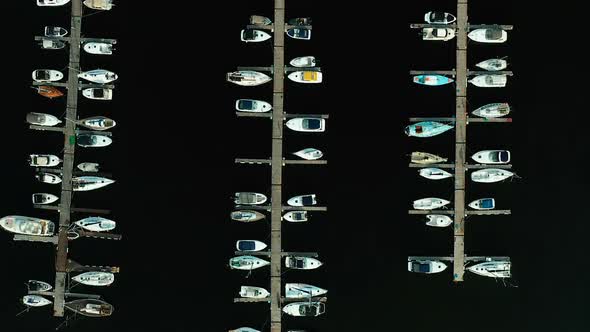Close-up, Boats Are Moored at the Boat Station. View From a Copter, Seaport, Boat Station, Boats Are