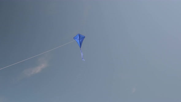 Blue kite soars in the blue sky.