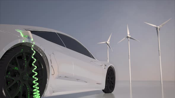 Generic electric car charging with wind turbines in background