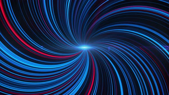 Bending beams around glowing central point on black background alt