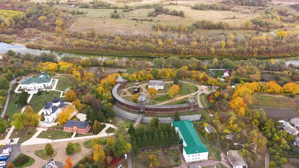 Aerial Panoramic View of Ukraine Wooden Fortress in Baturin
