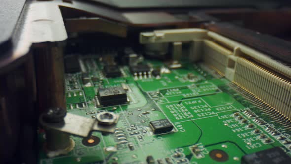 Computer Electronic Motherboard. Macro View of Printed Circuit Board Components alt