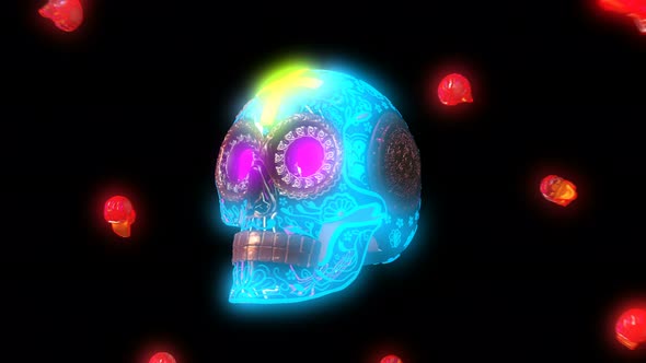 4K neon glowing skulls