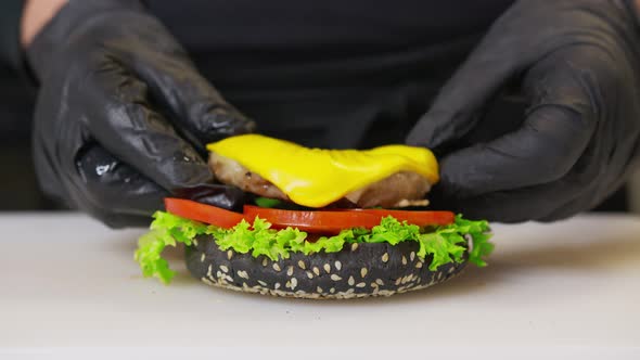 Close Up Shot Large Tasy Burger Beef Steak Iceberg Cabbage Tomatoes Melted Cheese alt