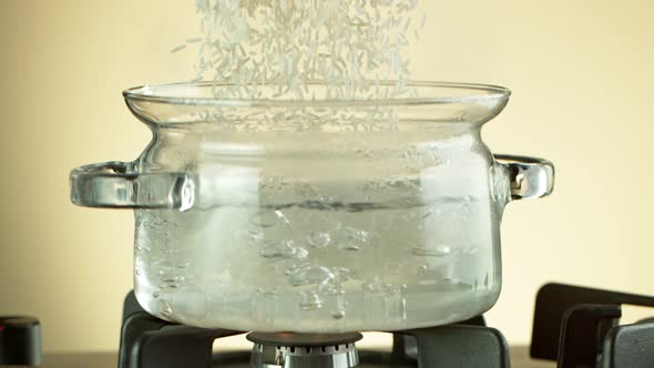 Super Slow Motion Shot of Rice Falling Into Boiling Water at 1000 Fps. alt