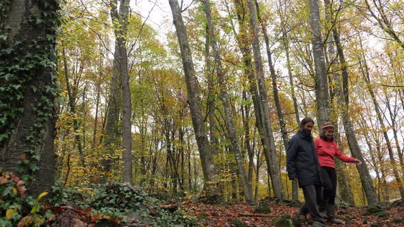 Hikers Couple Walking Through the Forest in Autumn