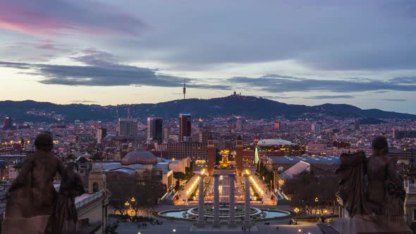 Barcelona Skyline day to night sunset Timelapse 4K