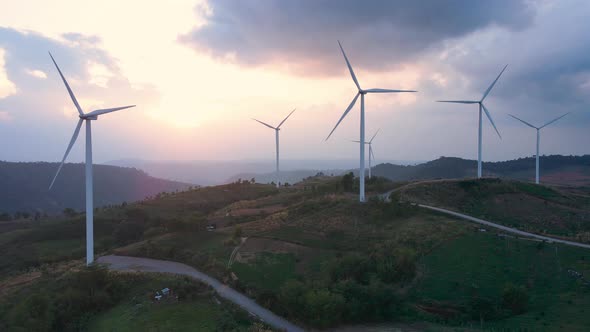 Windmills, Khao Kho, Phetchabun, Thailand. Aerial view generator electric power park system.