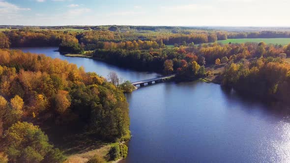 Small lake surrounded by trees. Aerial shot. Autumn colors. Bright, sunny day. Flyby over the lake a alt