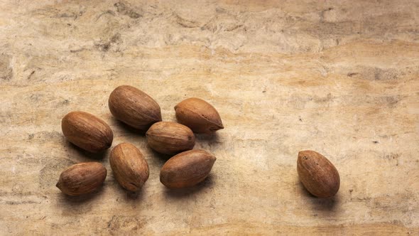 Hard shell pecan nuts are falling onto  textured bark paper background alt