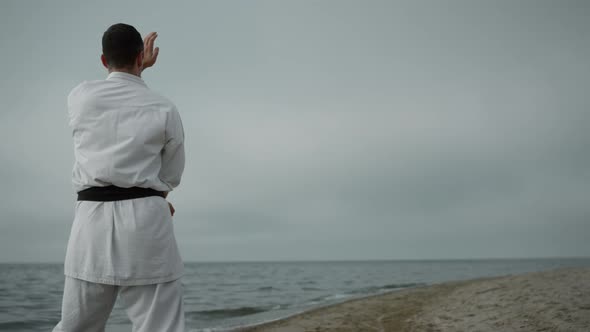 Unrecognizable Athlete Training Karate Positions on Sandy Beach By Cloudy Day alt