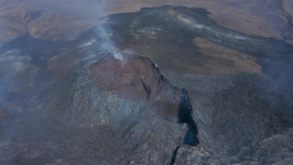 Iceland Fagradalsfjall Volcano Flying Above Volcanic Fissure Cone Black Lava Landscape Circle Pan alt