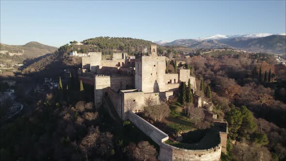 The Nasrid palace on Sabika Hill of Sierra Nevada, Alhambra fortress; drone