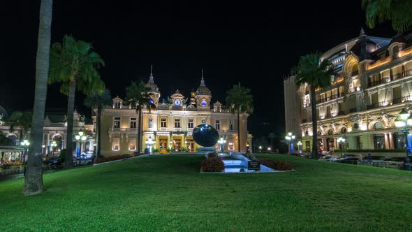 Square with Grand Casino in Monte Carlo Night Timelapse Hyperlapse Monaco alt