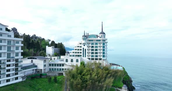 Tsikhisdziri, Georgia - May 8 2022: Aerial view of Castello Mare Hotel alt