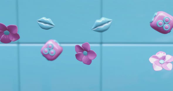 Minimal motion 3d art. Flowers, lips, cube in blue abstract space.