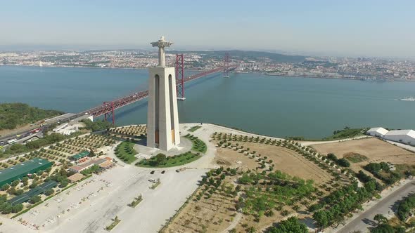 Aerial of Christ the King statue and Ponte 25 De Abril