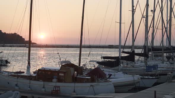 Boats for Sale or Rent Docked at Marina, Beautiful Sunset on Horizon, Seascape alt