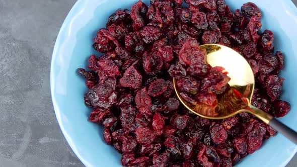Dried cranberries bowl Healthy tasty dry red berries spoon Nutritious fruits snack Food ingredient