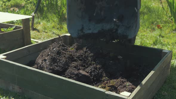 Filling raised garden bed with soil from wheelbarrow alt