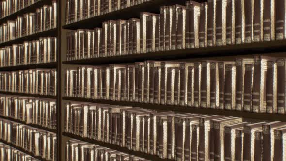 Endless Bookshelf of Wall of Books in Old Antique Brown Library Aisle alt