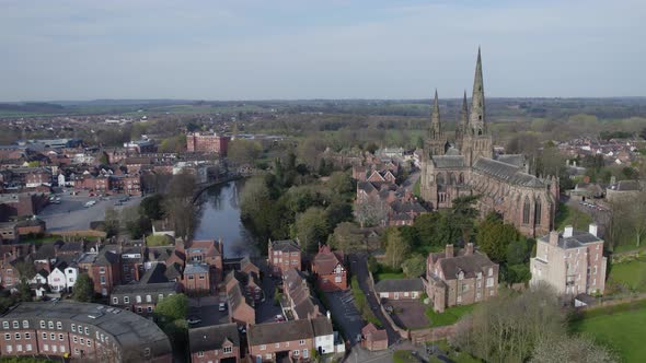 Lichfield Cathedral Panning Left To Heritage Centre Aerial Colour Graded
