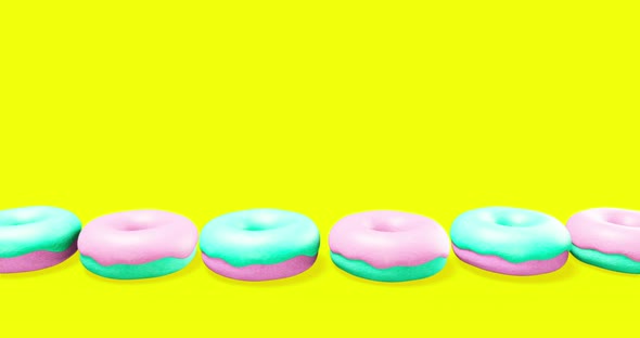 Minimal motion design. 3d vanilla donuts on yellow background.