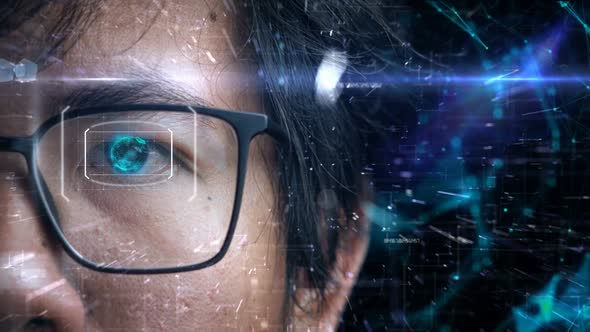 Man Wearing Glasses Access Digital Information With Eyes