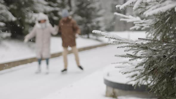 Unrecognizable Couple Skating Outdoors alt