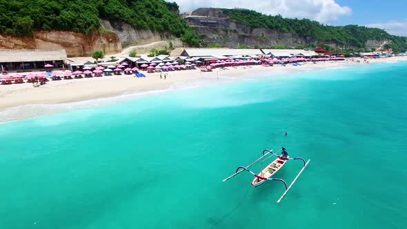 Aerial View Over A Local Wooden Boat Near Pantai Pandawa Beach Nusa Dua Bali Indonesia