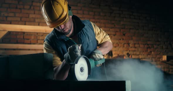 Adult Man Cutting Brick Wall alt