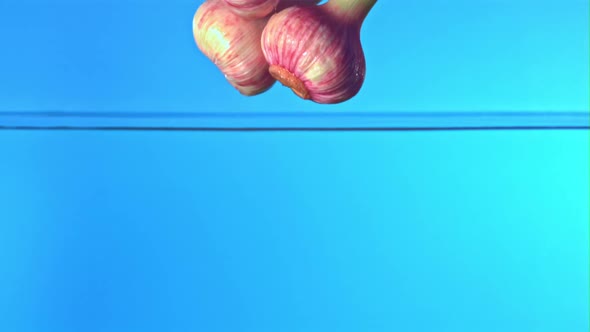 Super Slow Motion Fresh Garlic Falls Into the Water with Splashes on a Blue Background alt