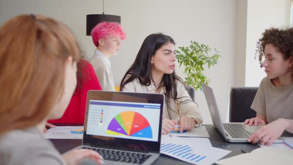 Motivated Middle Aged Asian Female Team Leader Explaining Company Development Strategy to Smiling alt