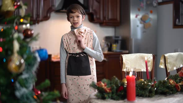 Positive Satisfied Boy Putting Hands on Hips and Looking Around at Decorated Home on New Year's Eve alt