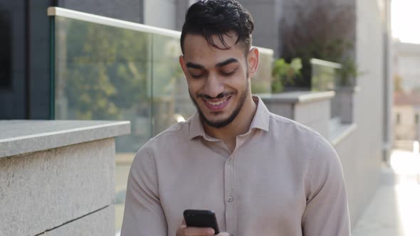 Portrait Satisfied Latin Arabic Bearded Handsome Successful Business Man Guy Walking Street Near alt